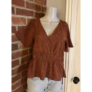 Leopard Print Peplum Top XL Boho Flutter Sleeve, Hippie Rose Animal print